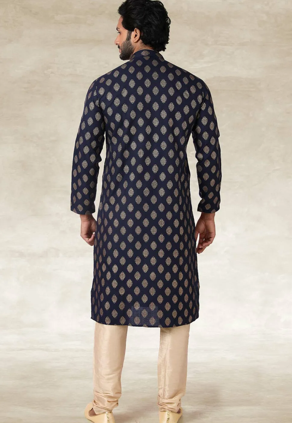 Golden Printed Cotton Kurta Set in Navy Blue