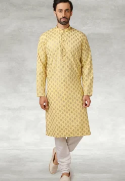 Golden Printed Cotton Kurta Set in Yellow