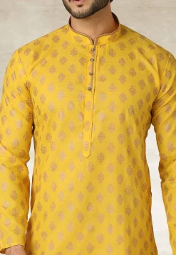 Golden Printed Cotton Kurta Set in Yellow