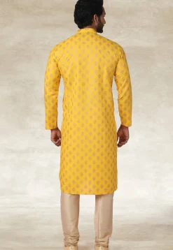 Golden Printed Cotton Kurta Set in Yellow