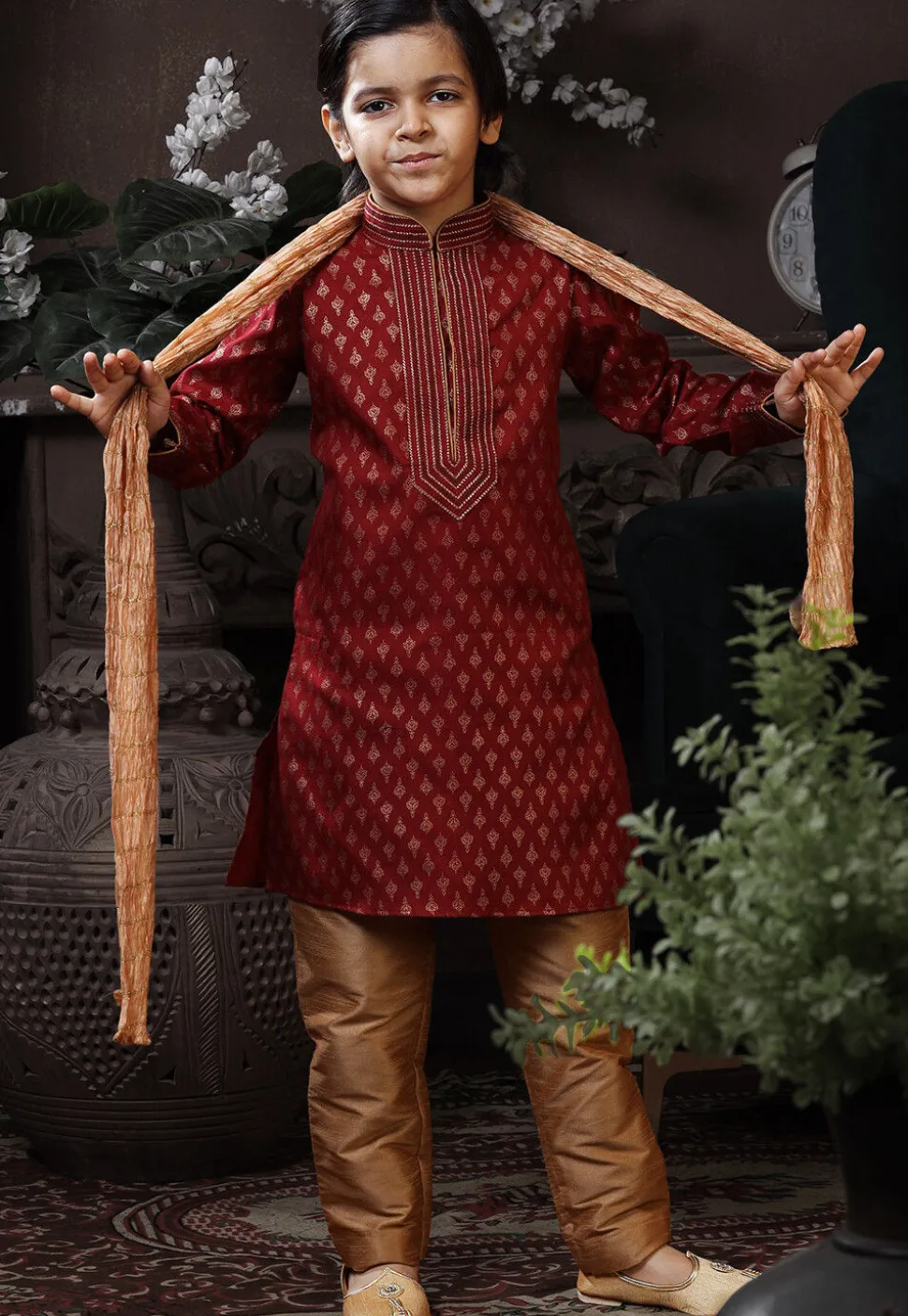 Golden Printed Cotton Kurta Set in Maroon