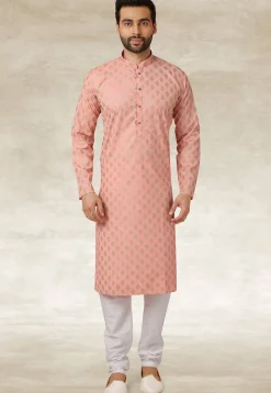 Golden Printed Cotton Kurta Set in Peach