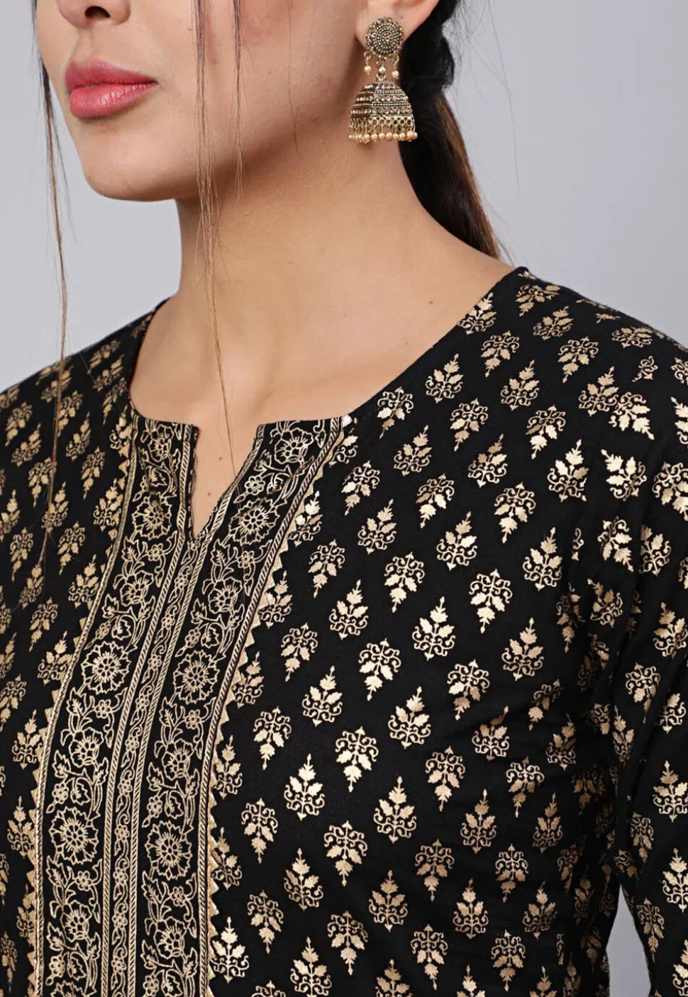 Golden Printed Cotton Pakistani Suit in Black