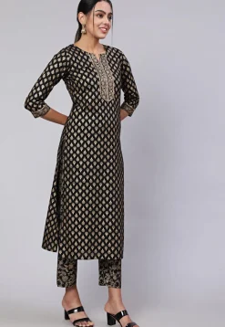 Golden Printed Cotton Pakistani Suit in Black