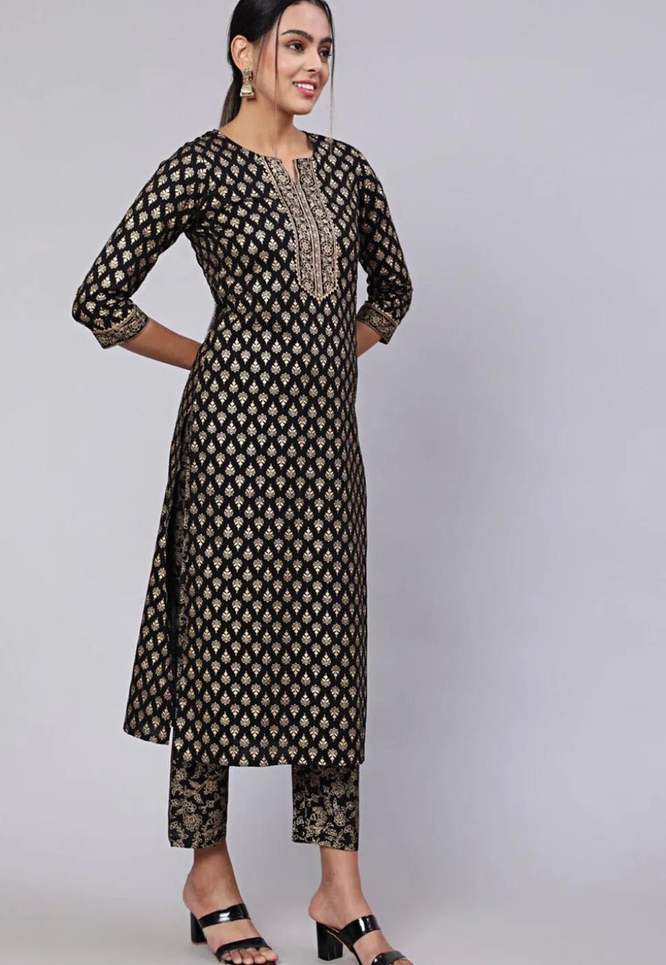 Golden Printed Cotton Pakistani Suit in Black