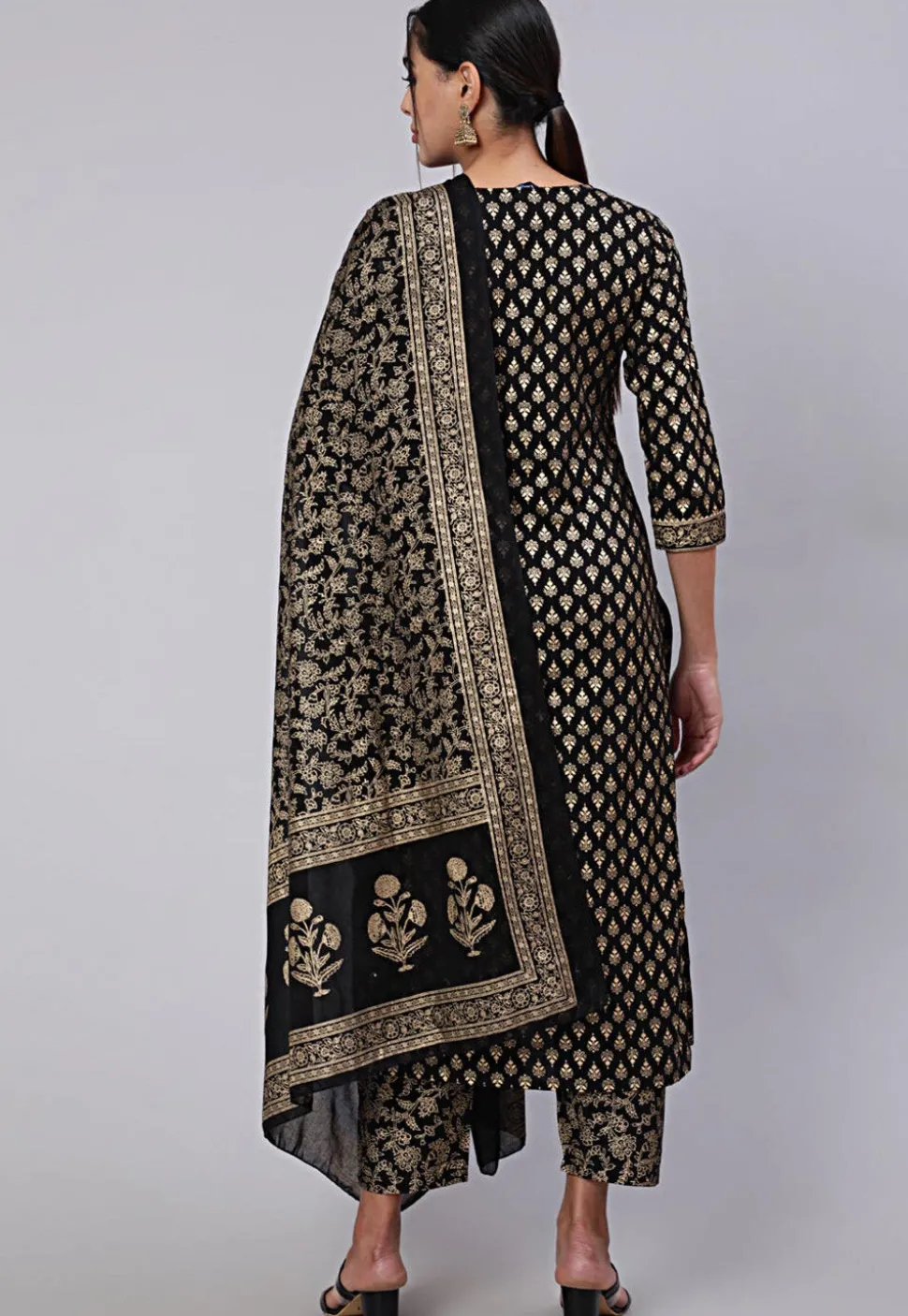 Golden Printed Cotton Pakistani Suit in Black