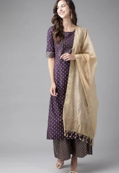Golden Printed Cotton Pakistani Suit in Dark Purple