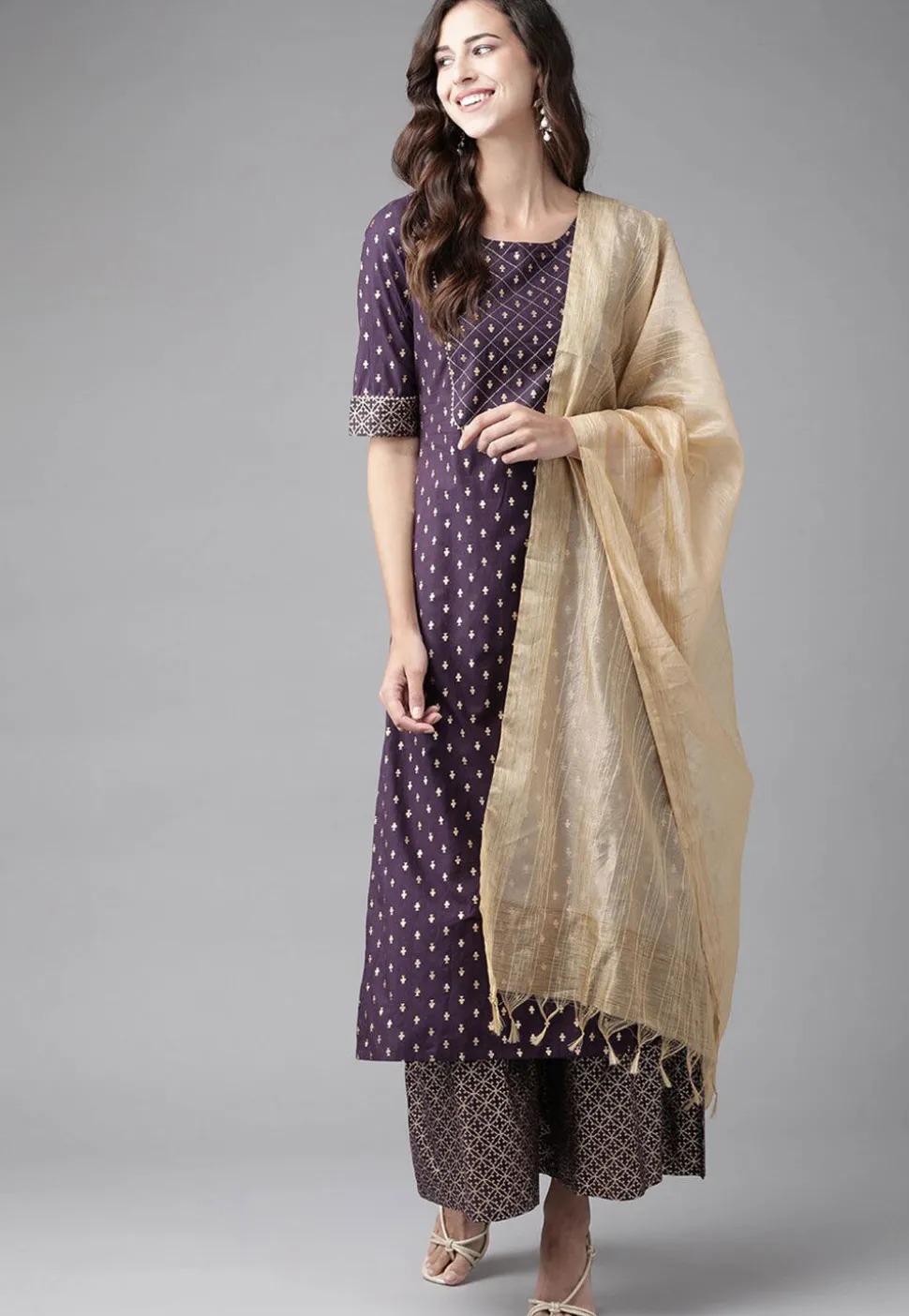 Golden Printed Cotton Pakistani Suit in Dark Purple