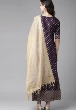 Golden Printed Cotton Pakistani Suit in Dark Purple