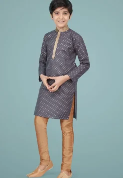 Golden Printed Cotton Silk Kurta Set in Grey