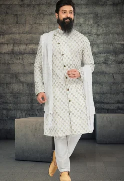 Golden Printed Cotton Silk Kurta Set in Off White