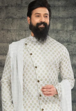 Golden Printed Cotton Silk Kurta Set in Off White