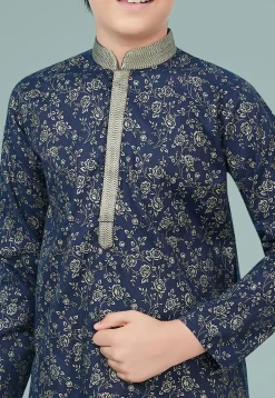 Golden Printed Cotton Silk Kurta Set in Navy Blue