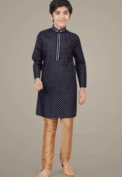 Golden Printed Cotton Silk Kurta Set in Navy Blue
