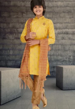 Golden Printed Cotton Silk Sherwani in Yellow