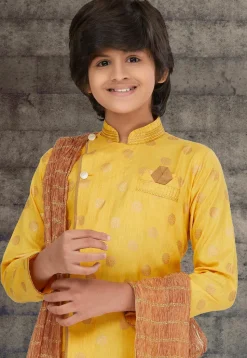 Golden Printed Cotton Silk Sherwani in Yellow