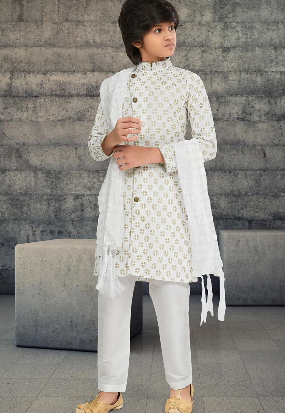 Golden Printed Cotton Silk Sherwani in Off White