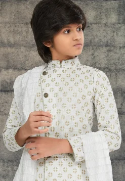 Golden Printed Cotton Silk Sherwani in Off White