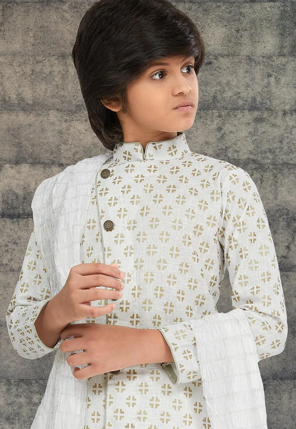 Golden Printed Cotton Silk Sherwani in Off White