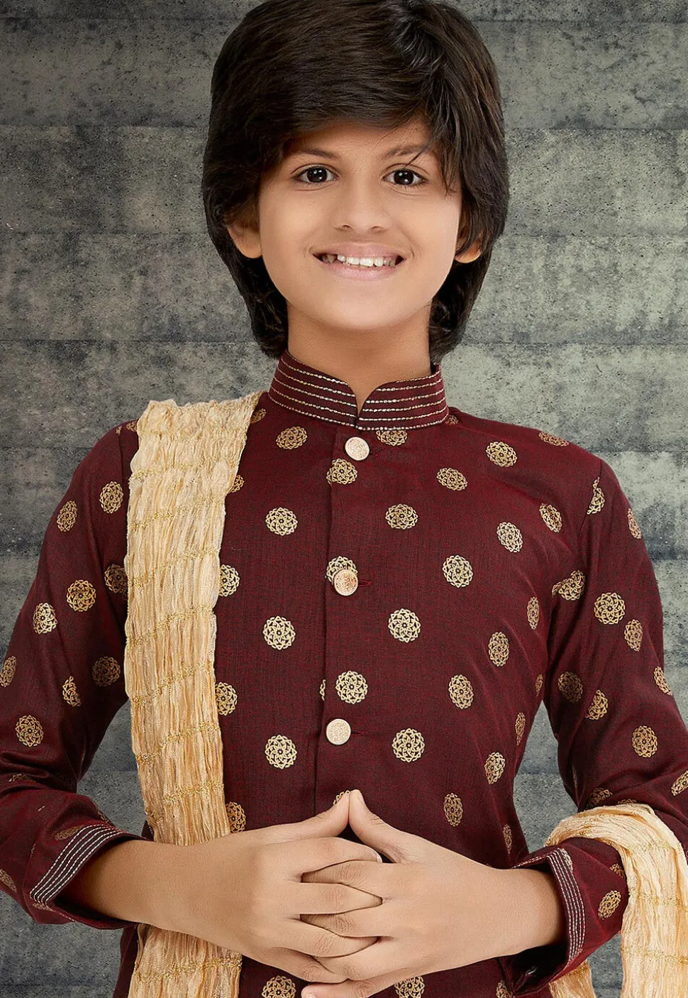 Golden Printed Cotton Silk Sherwani in Maroon