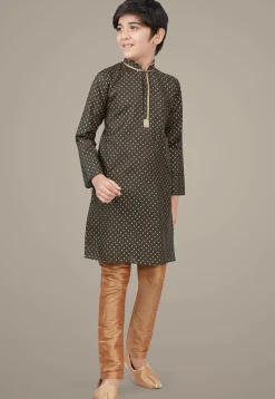 Golden Printed Cotton Silk Kurta Set in Olive Green