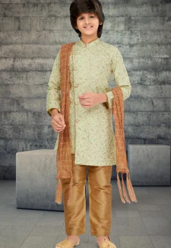 Golden Printed Cotton Silk Sherwani in Pastel Green