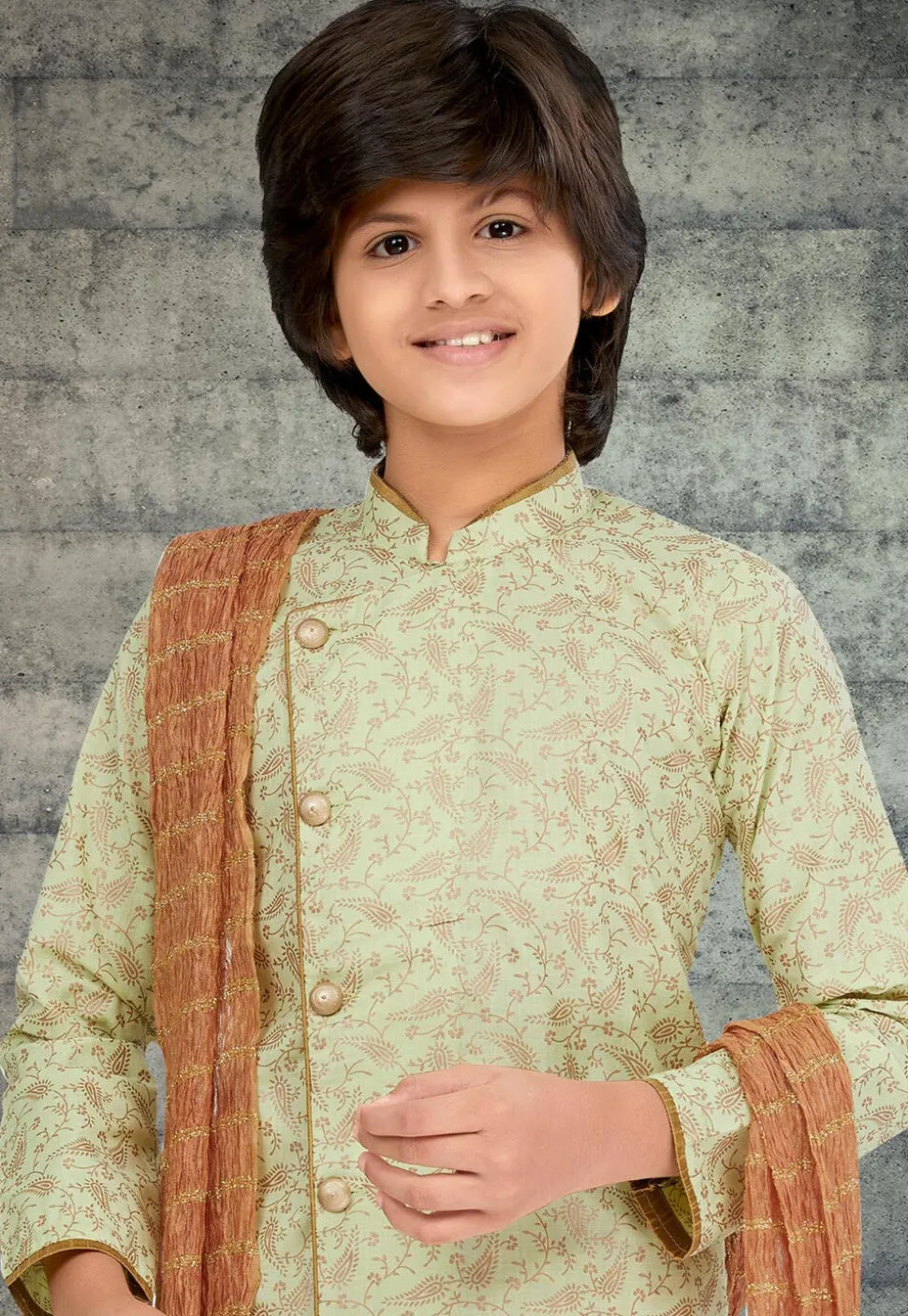 Golden Printed Cotton Silk Sherwani in Pastel Green