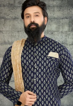 Golden Printed Cotton Silk Kurta in Navy Blue