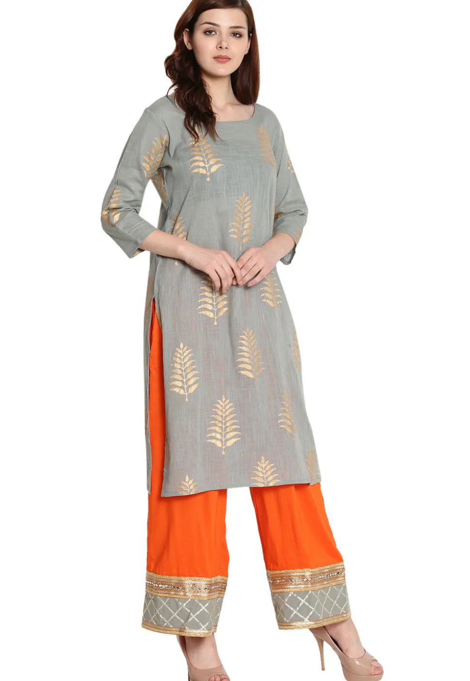 Golden Printed Cotton Slub Pakistani Suit in Grey