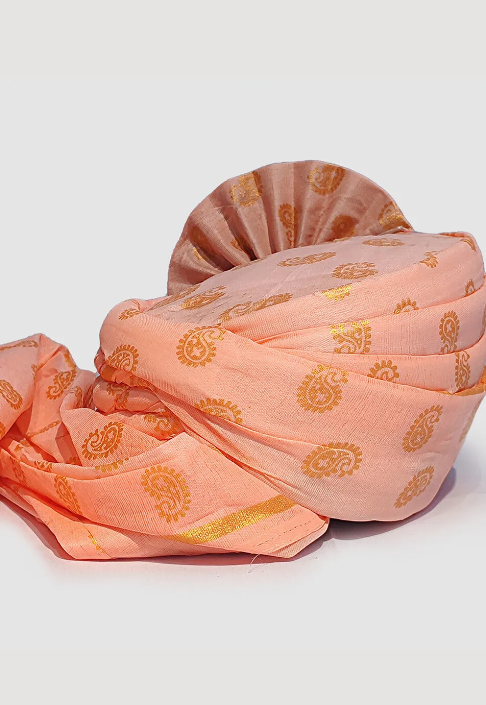 Golden Printed Cotton Turban in Peach