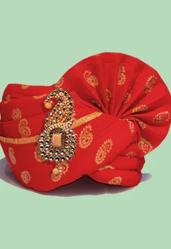 Golden Printed Cotton Turban in Red