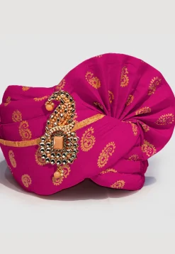 Golden Printed Cotton Turban in Magenta