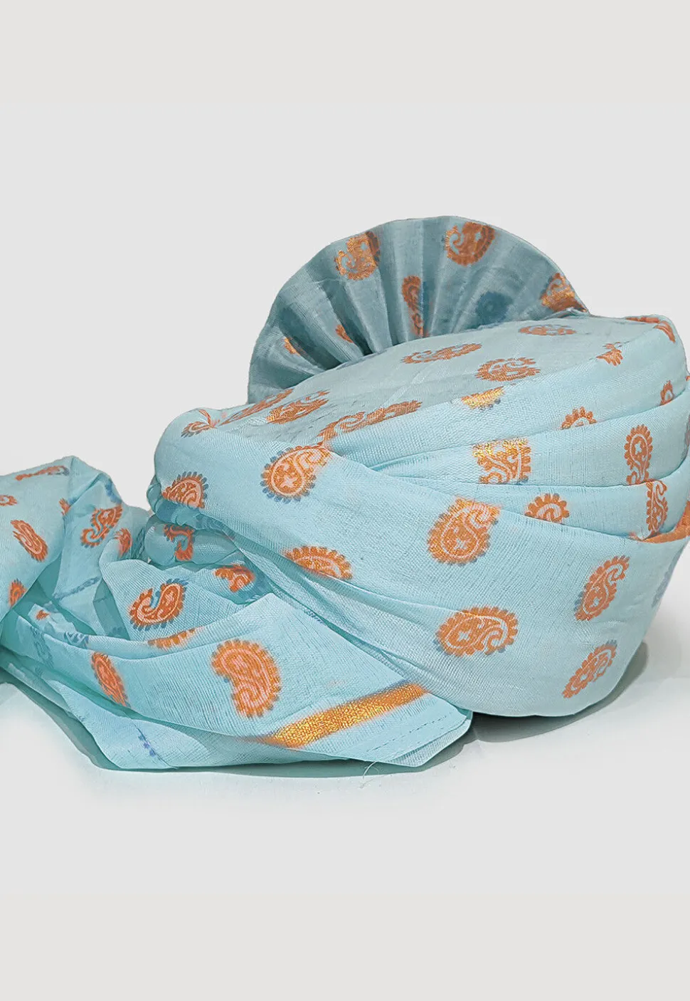 Golden Printed Cotton Turban in Sky Blue
