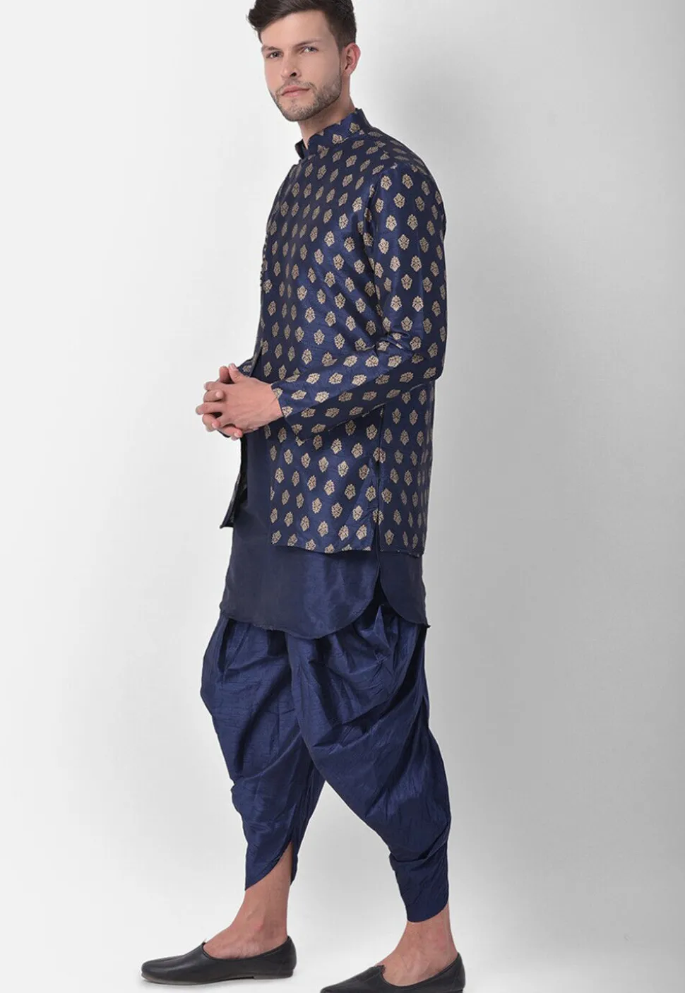 Golden Printed Dupion Silk Dhoti Kurta in Navy Blue
