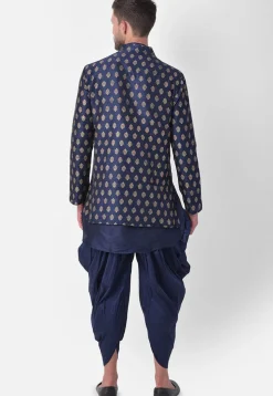 Golden Printed Dupion Silk Dhoti Kurta in Navy Blue