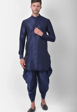 Golden Printed Dupion Silk Dhoti Kurta in Navy Blue