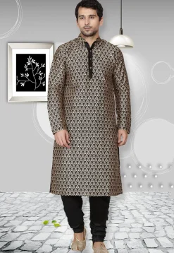Golden Printed Dupion Silk Kurta Set in Black
