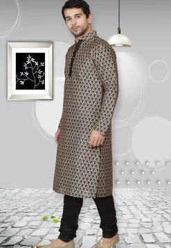 Golden Printed Dupion Silk Kurta Set in Black