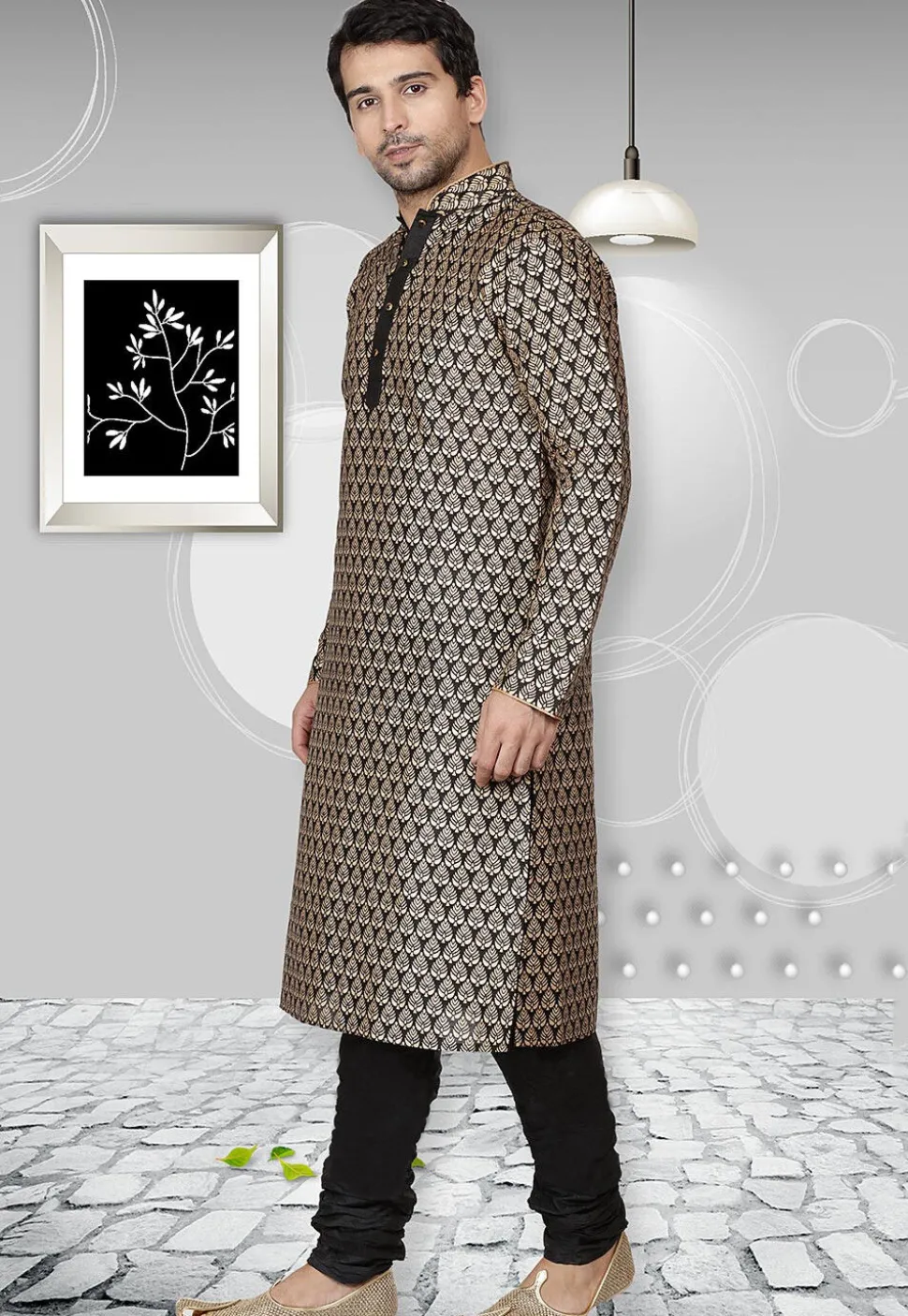 Golden Printed Dupion Silk Kurta Set in Black