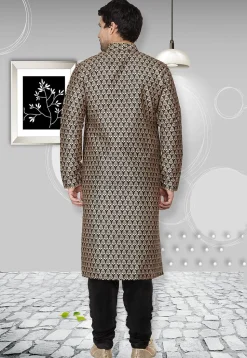 Golden Printed Dupion Silk Kurta Set in Black