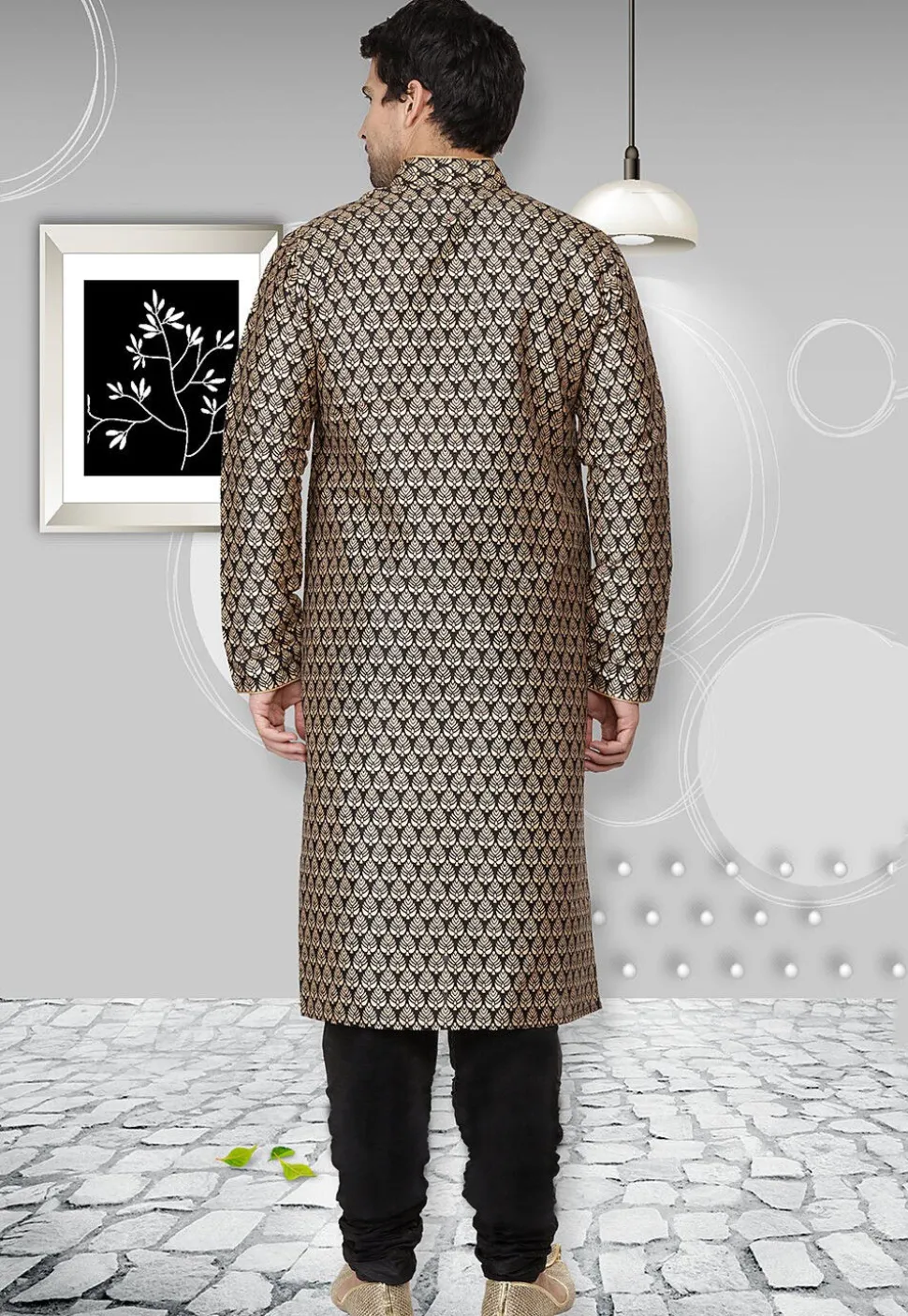 Golden Printed Dupion Silk Kurta Set in Black
