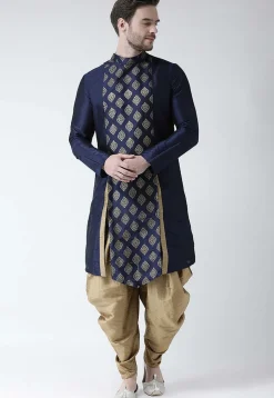Golden Printed Dupion Silk Side Slit Dhoti Kurta in Navy Blue