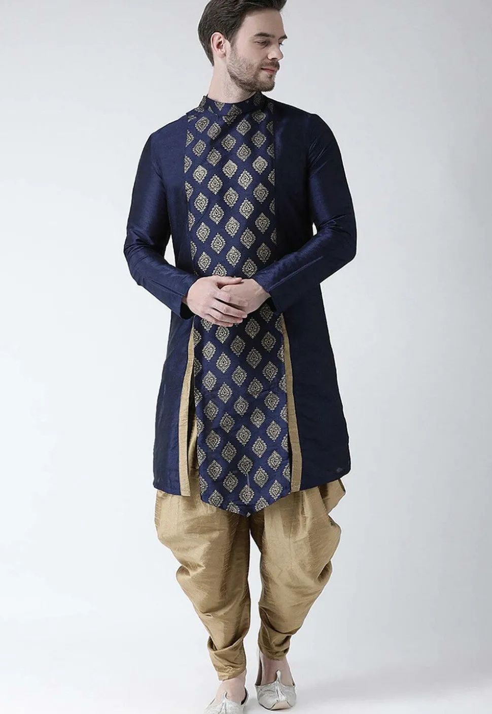 Golden Printed Dupion Silk Side Slit Dhoti Kurta in Navy Blue