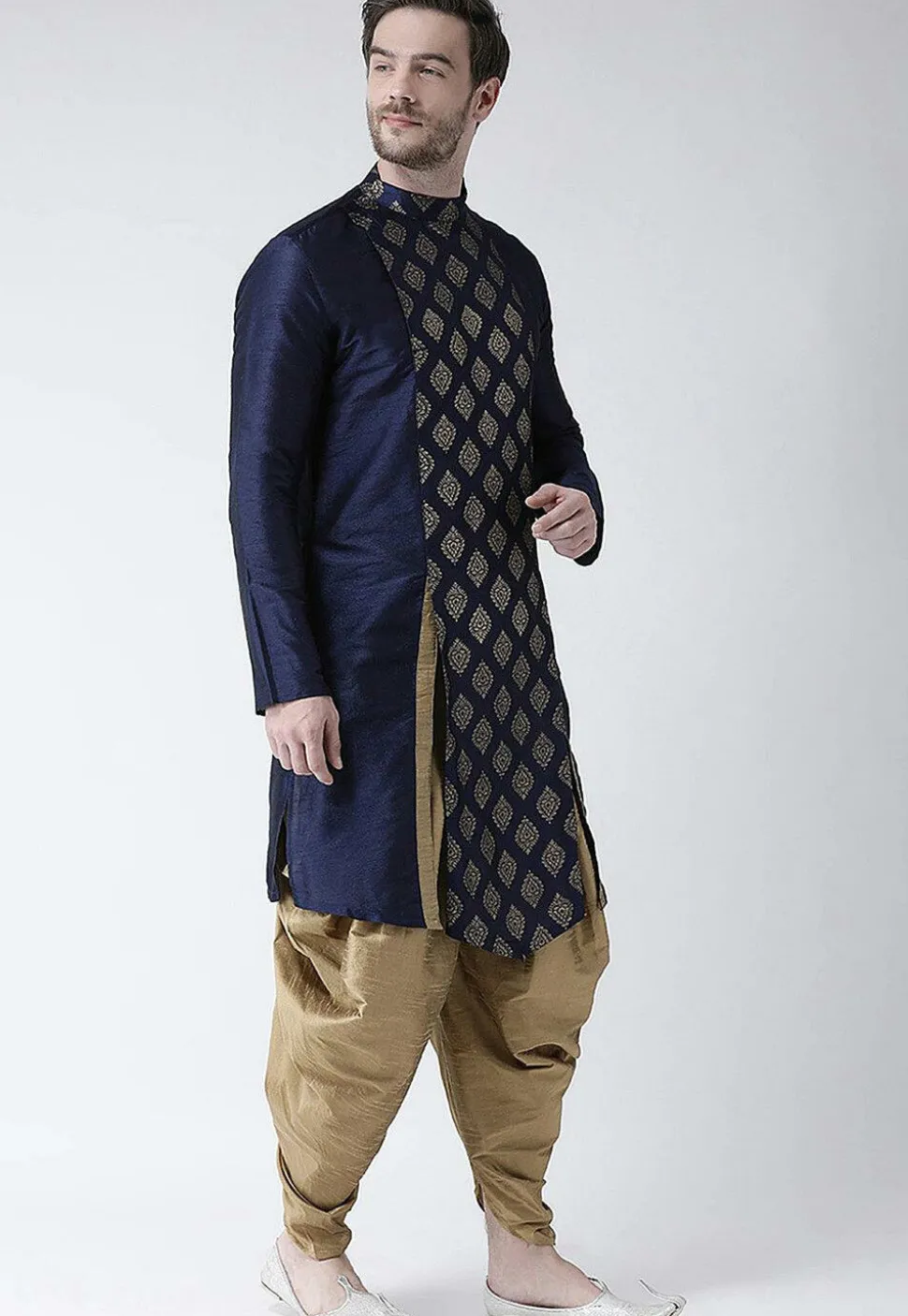 Golden Printed Dupion Silk Side Slit Dhoti Kurta in Navy Blue