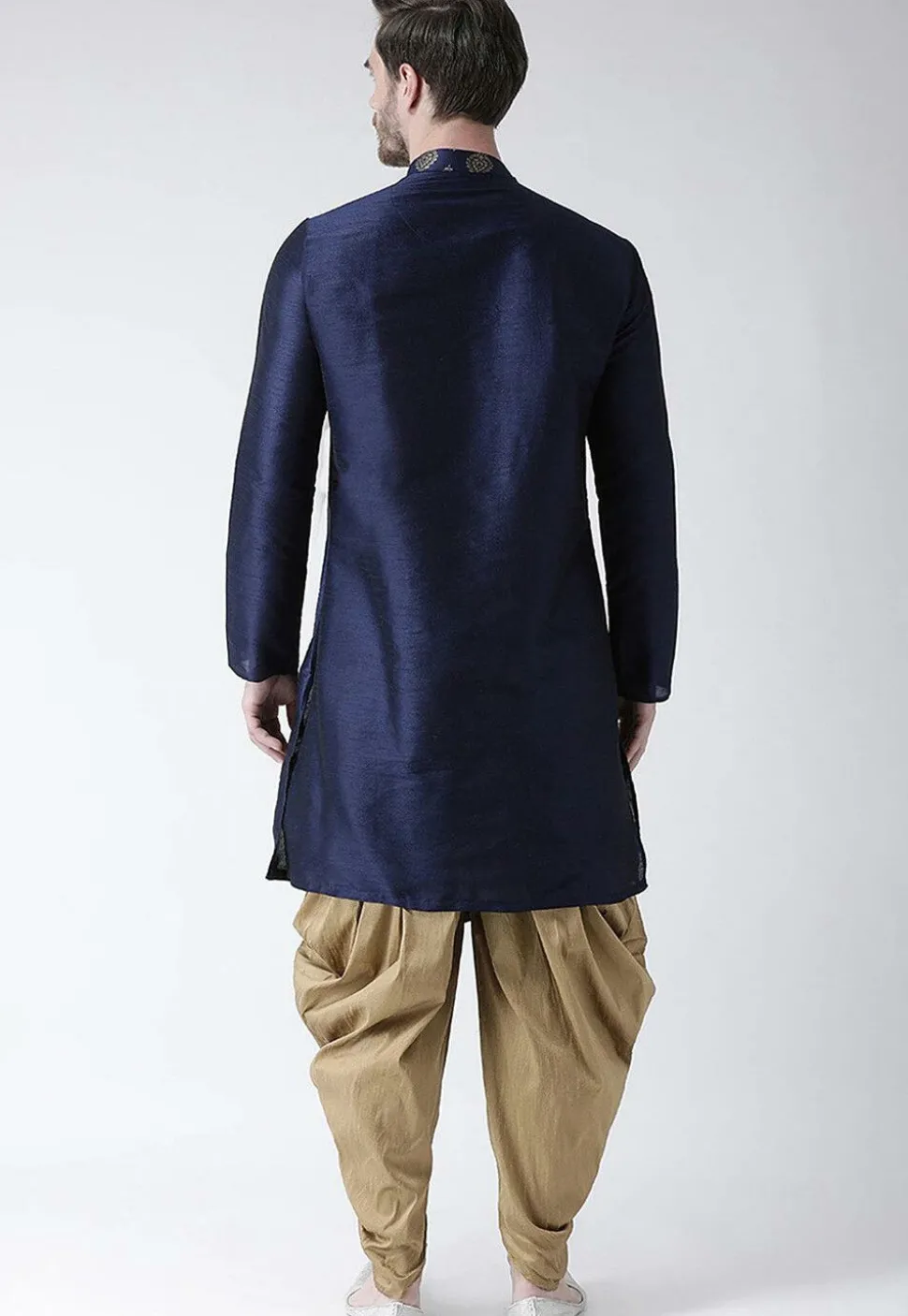 Golden Printed Dupion Silk Side Slit Dhoti Kurta in Navy Blue