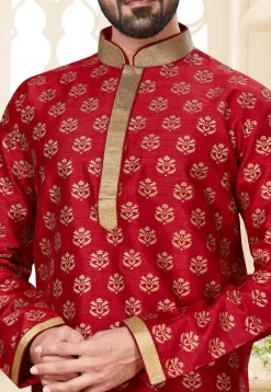 Golden Printed Dupion Silk Kurta Set in Red