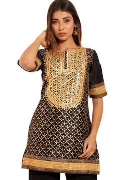 Golden Printed Dupion Silk Kurti in Black