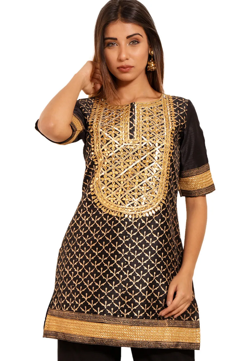 Golden Printed Dupion Silk Kurti in Black