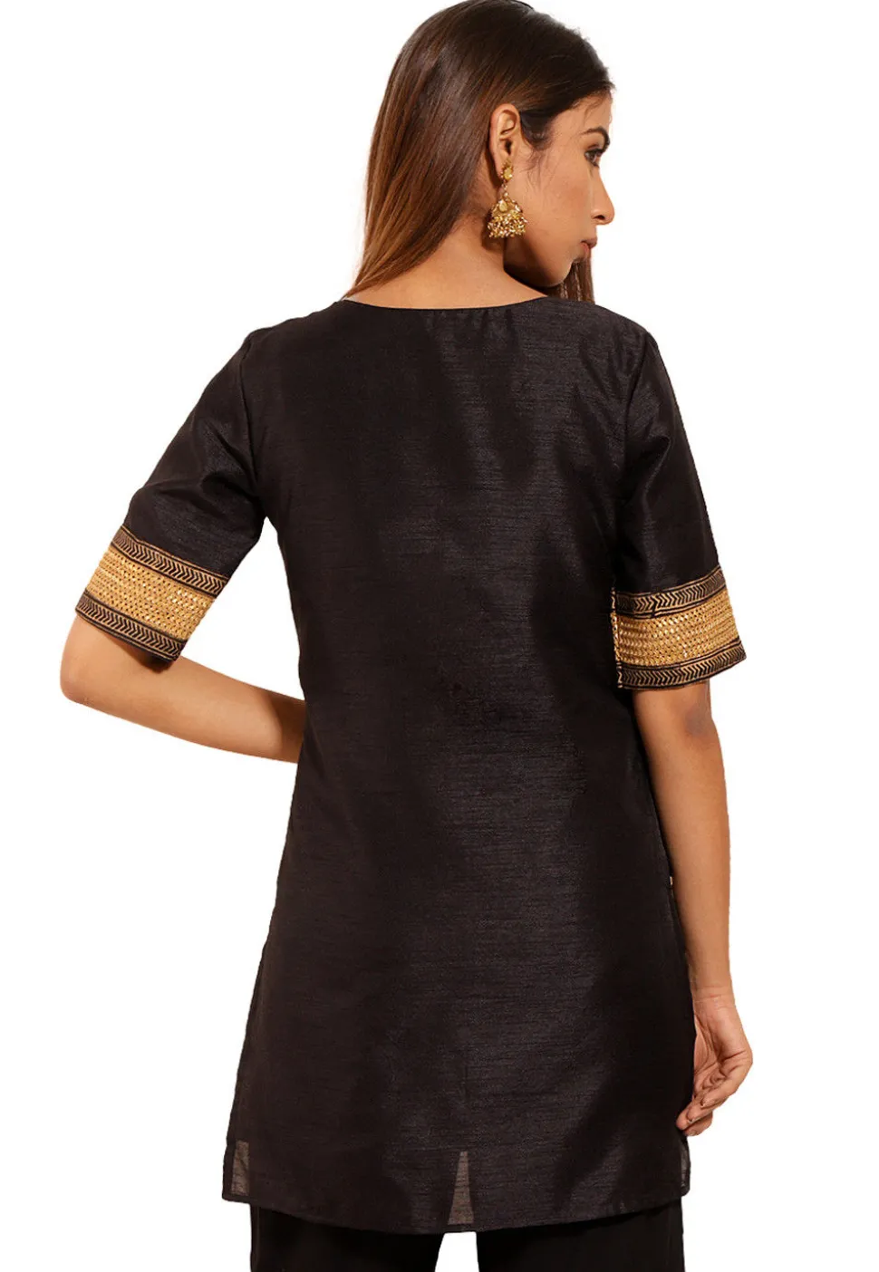 Golden Printed Dupion Silk Kurti in Black