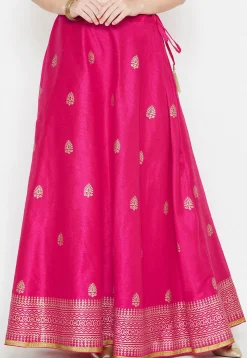 Golden Printed Dupion Silk Skirt in Fuchsia